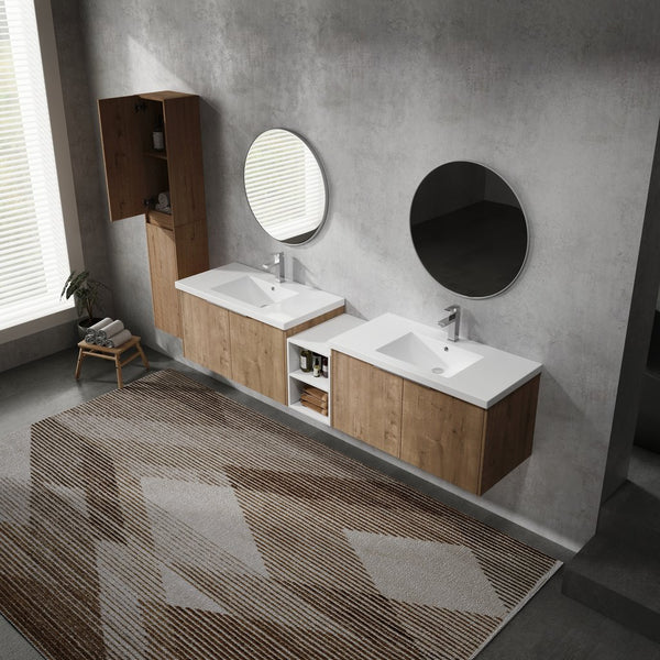 English Elm 84" Wall-Mounted Bathroom Vanity Set With Soft-Close Doors, Dual Sinks & Abundant Storage Space W999S00233