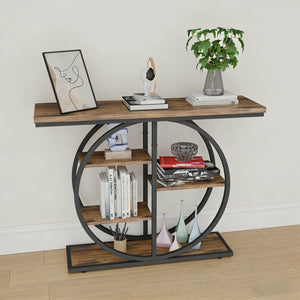 English Elm 41.3 Inch Five Tier Industrial Console Table Rustic Wood Shelves Round Metal Frame W3101P460015