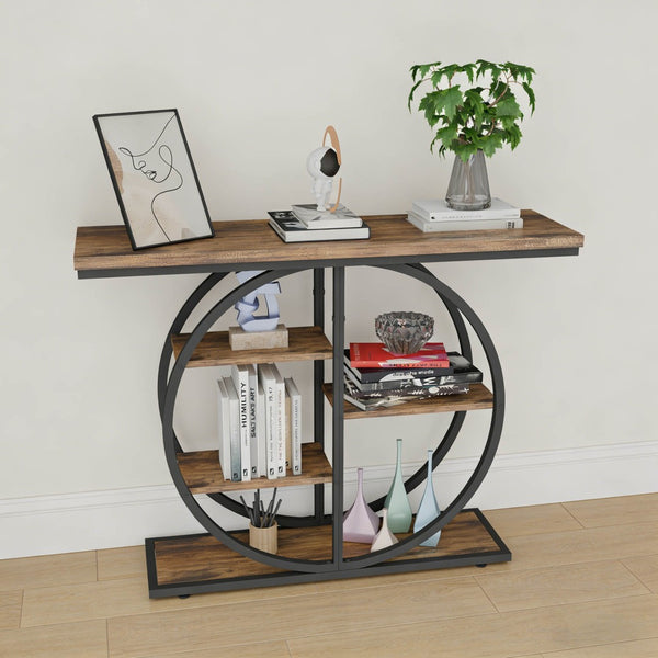 English Elm 41.3 Inch Five Tier Industrial Console Table Rustic Wood Shelves Round Metal Frame W3101P460015