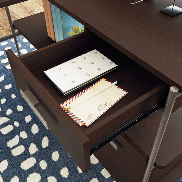 English Elm L-Shaped Desk In Warm Brown Finish - Versatile, Stylish Workspace With Smart Storage & Cable Management B356P367806