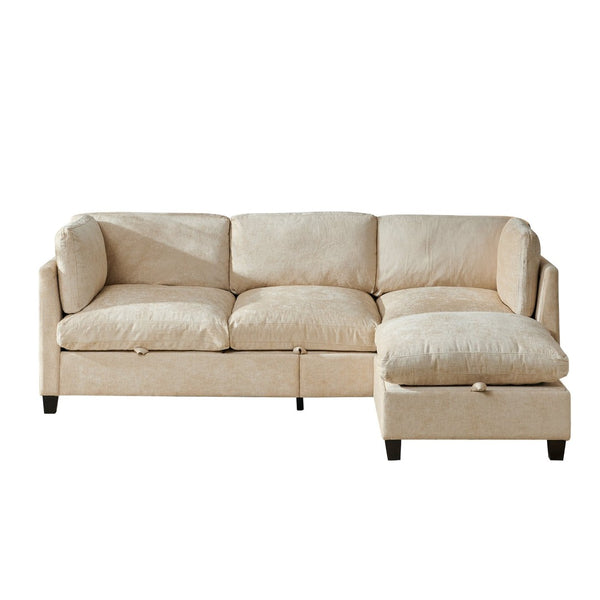 English Elm 96.5" L-shaped Chenille Sectional with Storage Ottoman Eucalyptus Frame Living Room Light Coffee W1097S00281