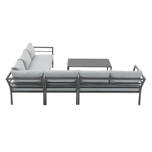 English Elm Sunnyside Outdoor 5-Piece Conversation Set Seats 6 with Waterproof Cushions, UV-Resistant Steel Frame and Slatted Coffee Table Grey B365S00104