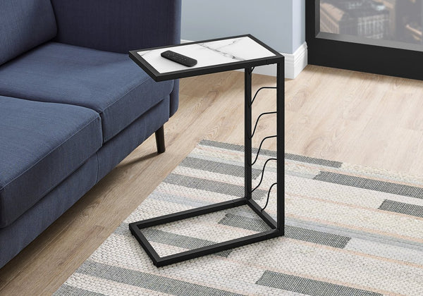 English Elm Accent Table - Modern C-Shaped Design With White Marble Look Top & Black Metal Base For Any Room B2710P219255