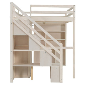 English Elm Full Loft Bed with Integrated Wardrobe Desk Shelving and Led Lighting for Teen Rooms Beige LT000927AAA