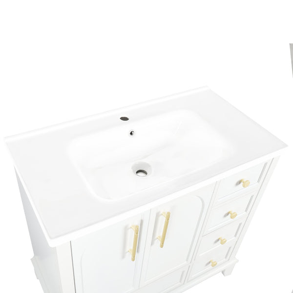 English Elm 35.6" Freestanding Bathroom Vanity with Roman Column Base and Ceramic Integrated Sink White W1801S00003