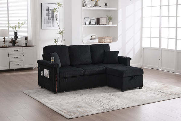 English Elm UNITED Corduroy L-Shaped Sectional Sofa with Storage Ottoman, USB Ports, Cup Holders & LED Lighting Black W1568P332409