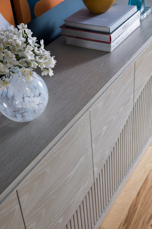 Lexington Artistica Home Daybreak Media Console - Stunning Fluted White Oak Design With Modern Finishes For Elegant Storage Taupe Wood 2333-907