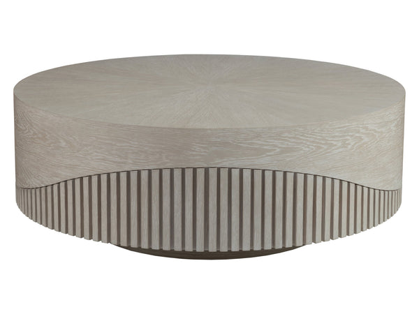 Lexington Artistica Home Daybreak Modern Round Cocktail Table With Unique Wave Pattern And Fluted White Oak Design Taupe Wood 2333-943