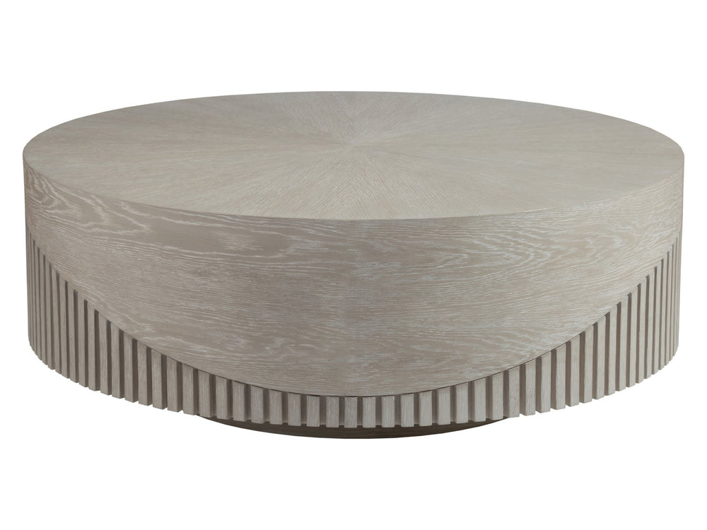 Lexington Artistica Home Daybreak Modern Round Cocktail Table With Unique Wave Pattern And Fluted White Oak Design Taupe Wood 2333-943