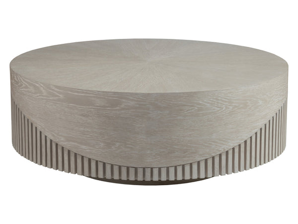 Lexington Artistica Home Daybreak Modern Round Cocktail Table With Unique Wave Pattern And Fluted White Oak Design Taupe Wood 2333-943