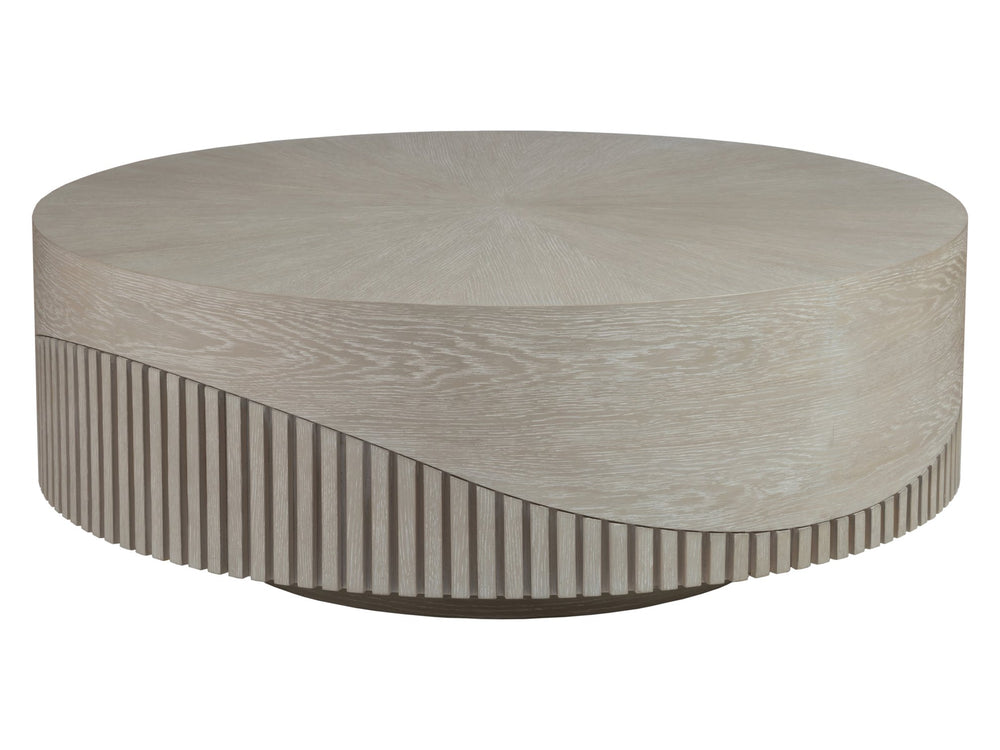 Lexington Artistica Home Daybreak Modern Round Cocktail Table With Unique Wave Pattern And Fluted White Oak Design Taupe Wood 2333-943