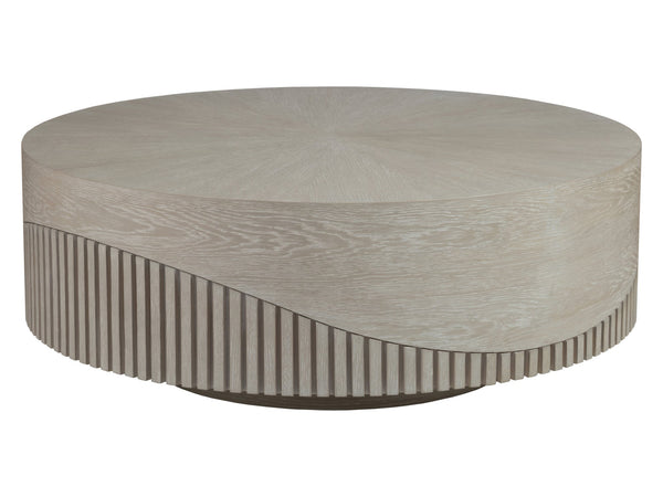 Lexington Artistica Home Daybreak Modern Round Cocktail Table With Unique Wave Pattern And Fluted White Oak Design Taupe Wood 2333-943