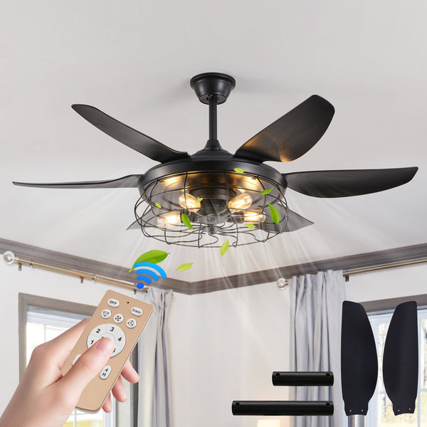 English Elm 52" Modern Black Ceiling Fan With Industrial Cage Design, 6-Speed Remote Control For Stylish Airflow W2312P374993