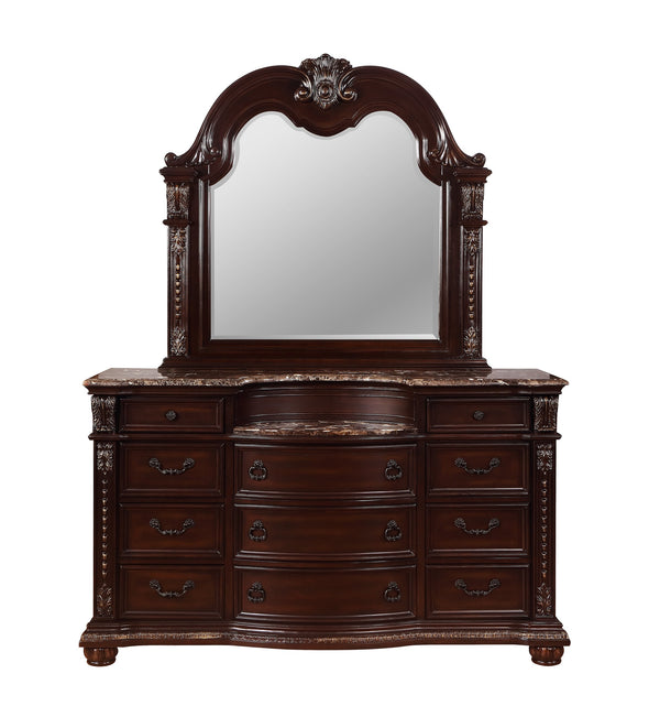 English Elm 1pc Marble Top Five Drawers Tall Chest with Intricate Moldings, Curved Silhouette & Antiqued Hardware Brown,Cherry 71.5 L x 25 W x 42.25 H B2741P366084