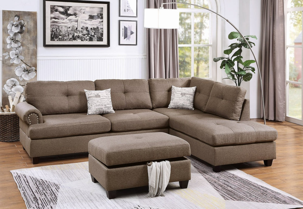 English Elm Contemporary Three Piece Sectional Sofa Set with Nailhead Trim and Storage Ottoman B011S01053