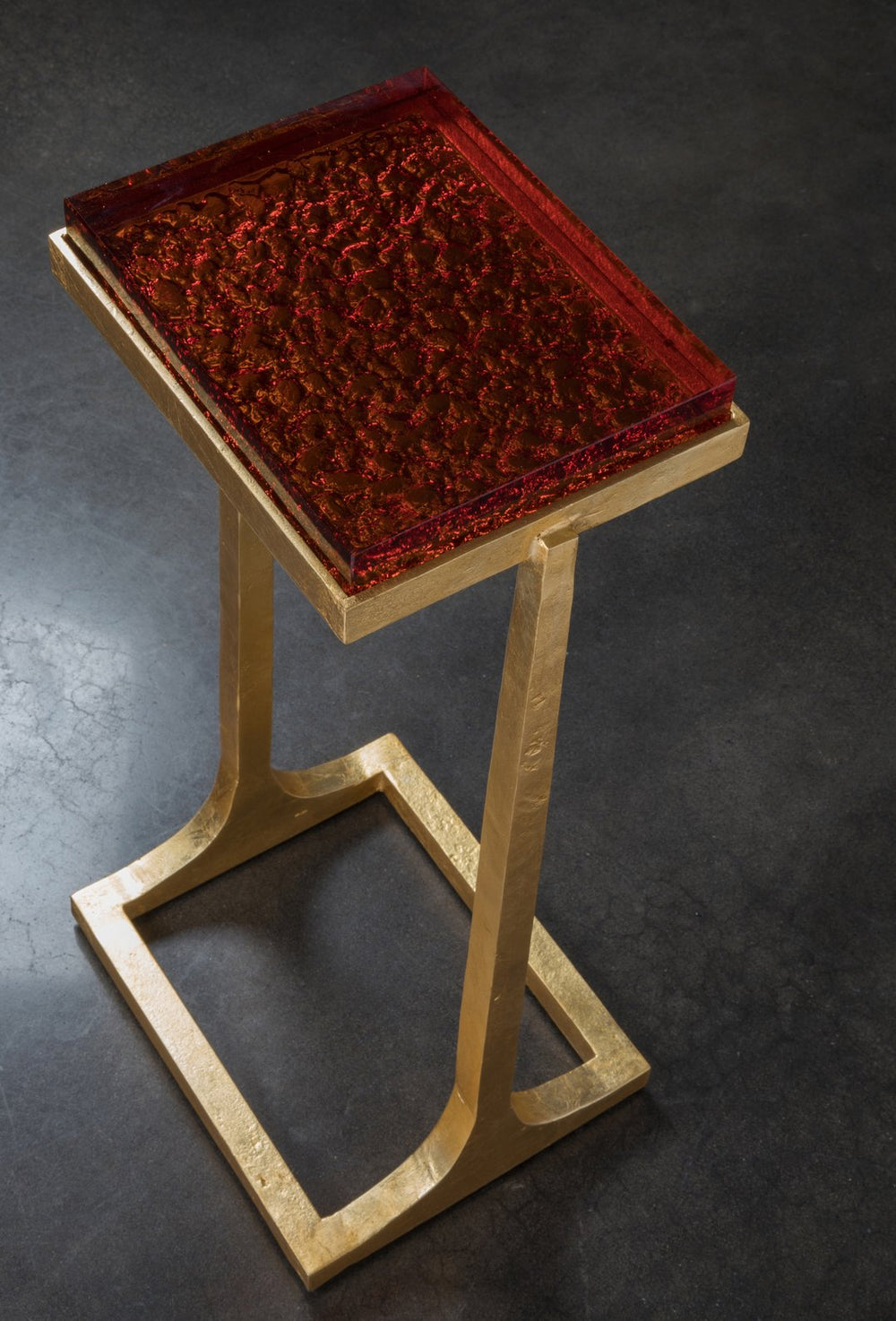 Lexington Artistica Home Sunward Contemporary Spot Table - Unique Hand-forged Iron Base With Stunning Blood Orange Glass Top Gold Leaf Wood 2334-950