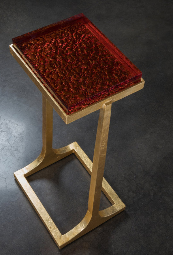 Lexington Artistica Home Sunward Contemporary Spot Table - Unique Hand-forged Iron Base With Stunning Blood Orange Glass Top Gold Leaf Wood 2334-950