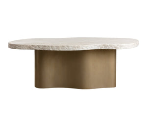 Sunpan IDRIS Dining Table - Modern Concrete Outdoor Centerpiece with Faux Travertine Top & Brass Base 112216