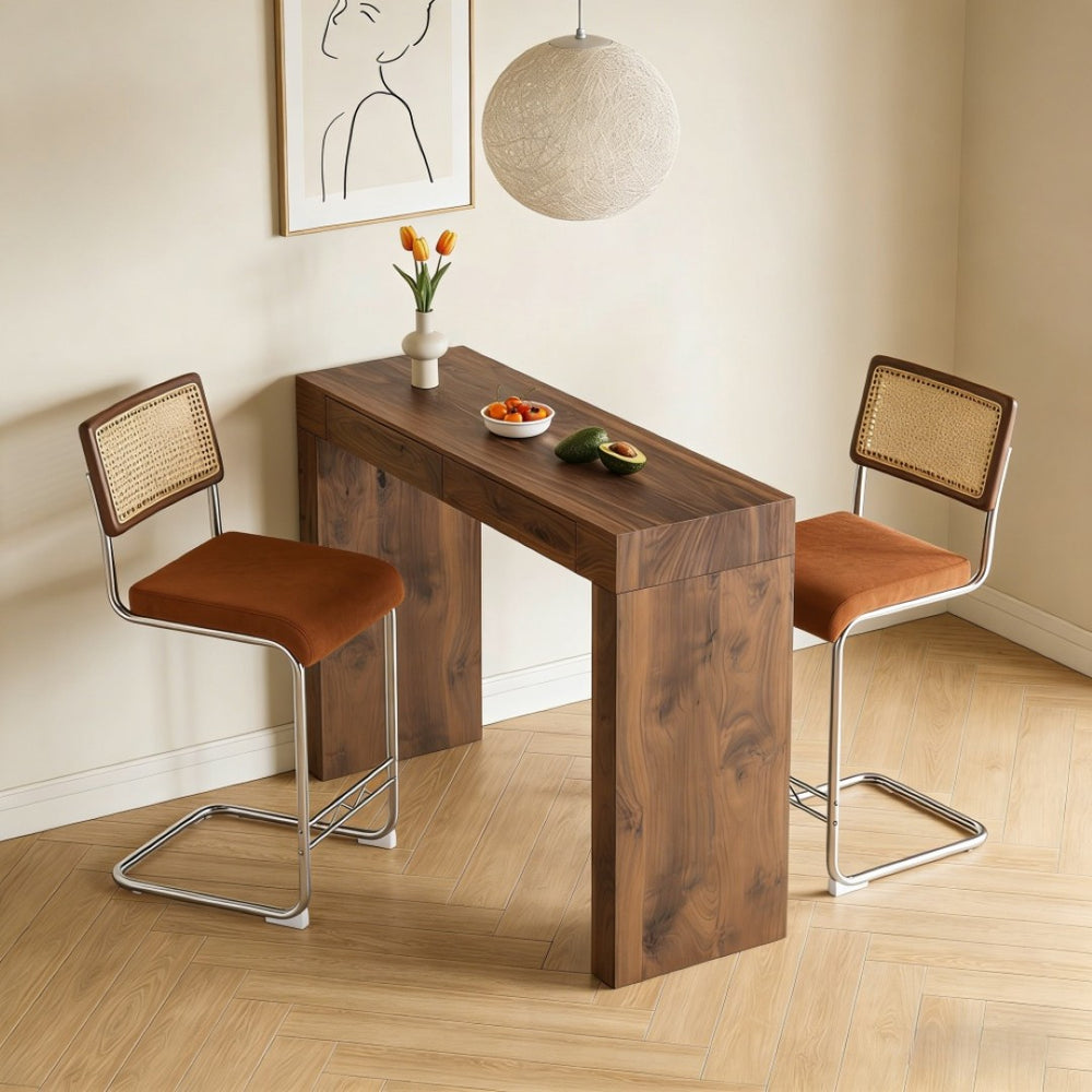 English Elm 2-piece Velvet Stool and Walnut Bar Table Set with Storage for Cafe Style Dining W2920S00104