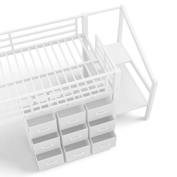 English Elm Twin Metal Low Loft Bed with Storage Stairs Fabric Drawers and Built-in Lights Light White W5305S00044