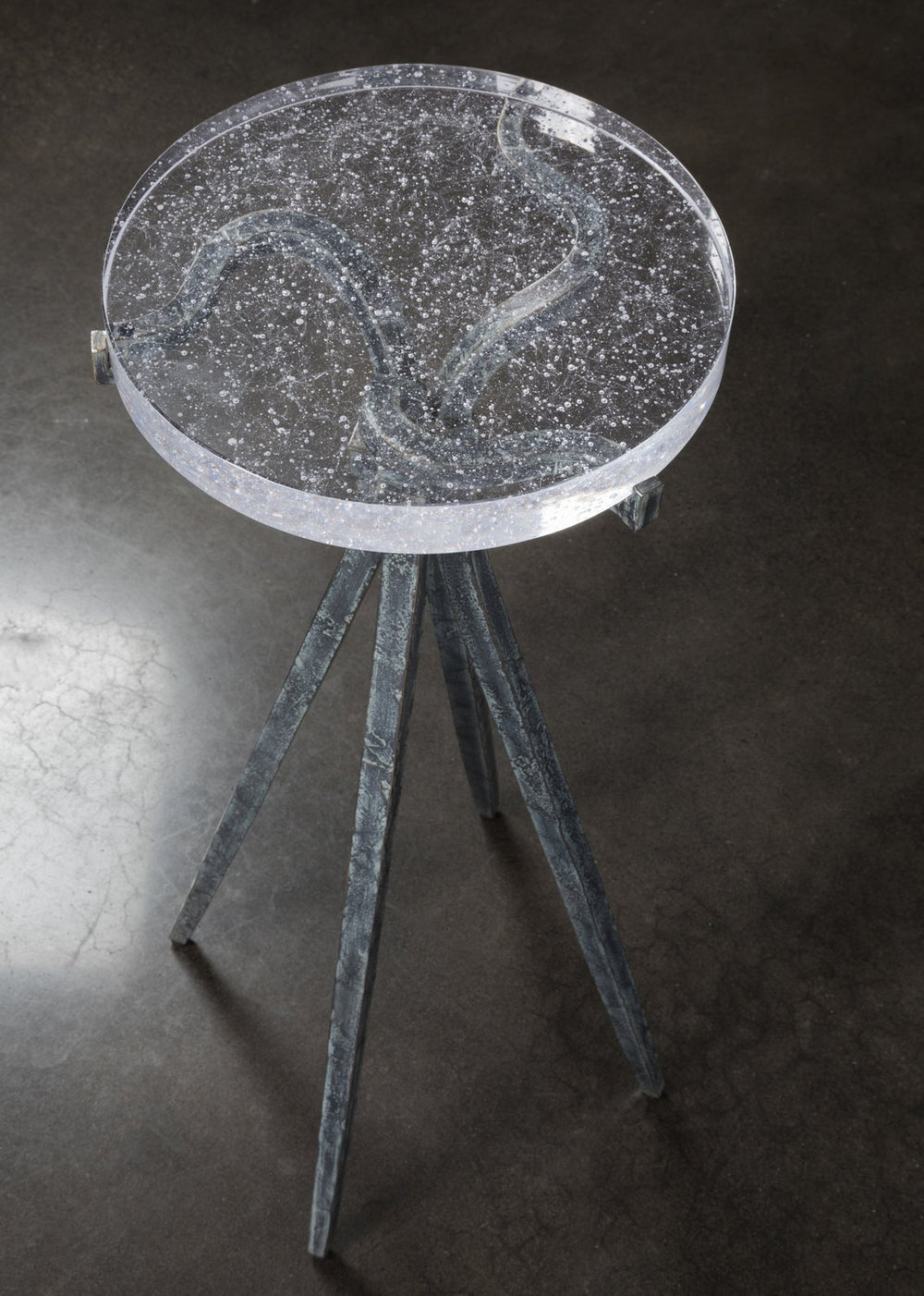 Lexington Artistica Home Luna Spot Table - Hand-forged Organic Design With Unique Bubble Art Glass Top For Elegant Interiors Natural Iron Wood 2336-950