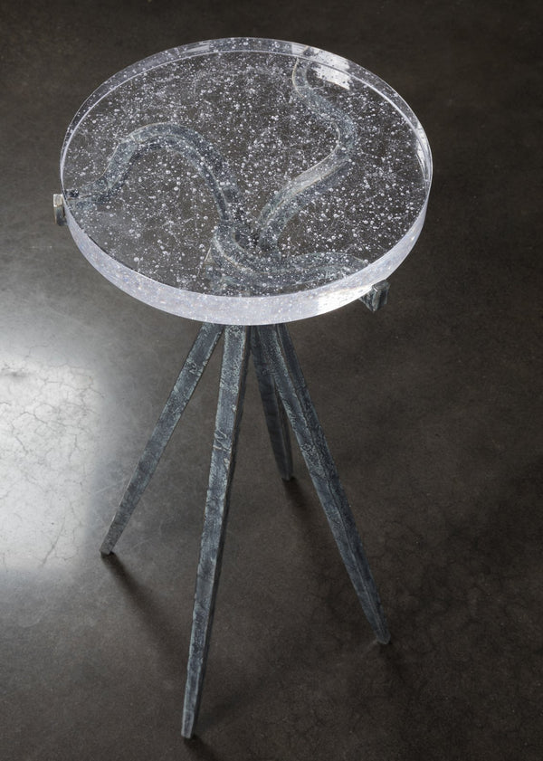 Lexington Artistica Home Luna Spot Table - Hand-forged Organic Design With Unique Bubble Art Glass Top For Elegant Interiors Natural Iron Wood 2336-950