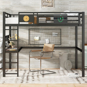English Elm Twin Xl Solid Pine Loft Bed with Built-in Led Lighting and Storage Shelves W1580S00376