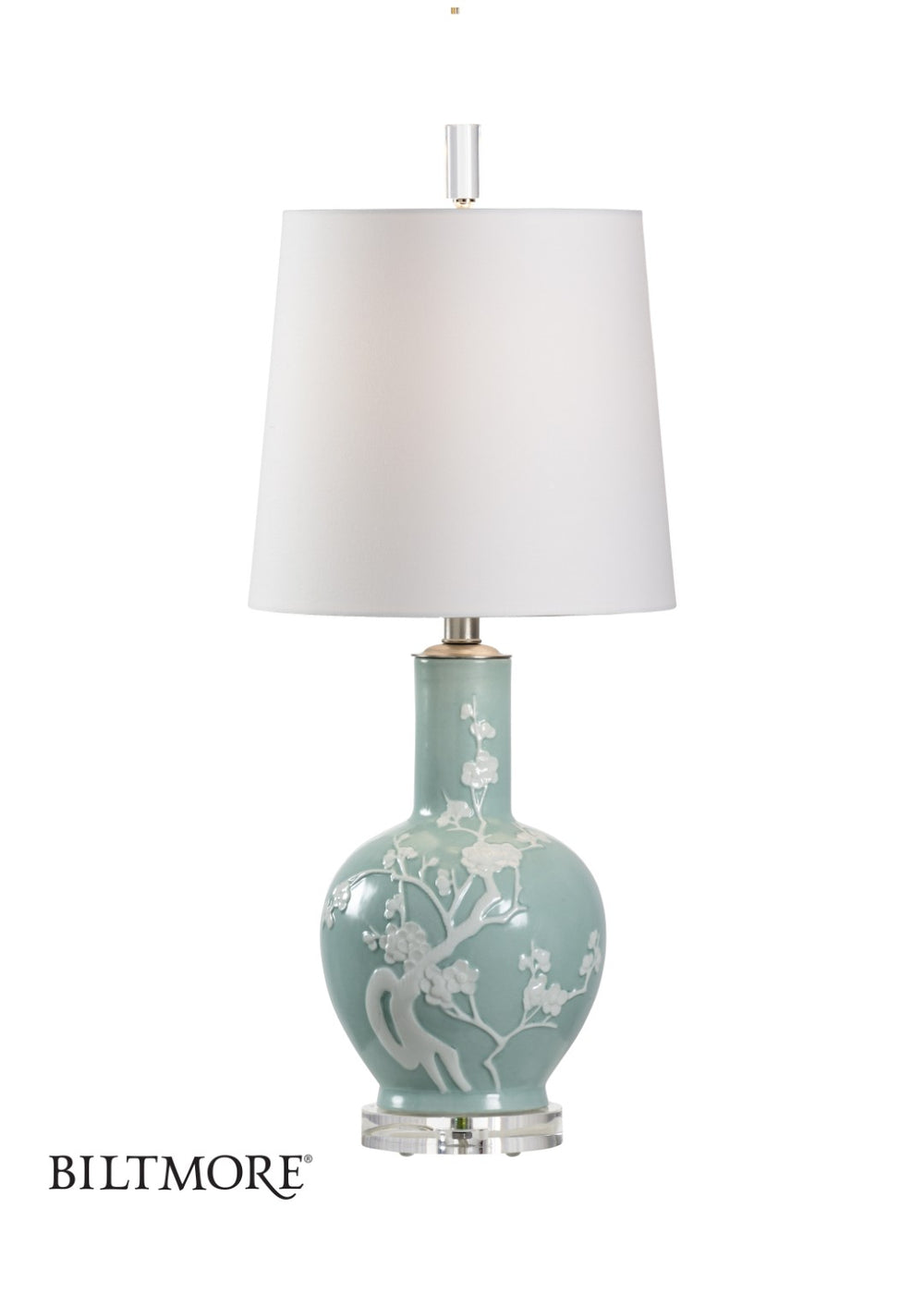 Wildwood Yoshino Hand-Painted Porcelain Lamp In Seafoam Celadon Glaze — Cherry Blossom Motif, 28" Height 23366
