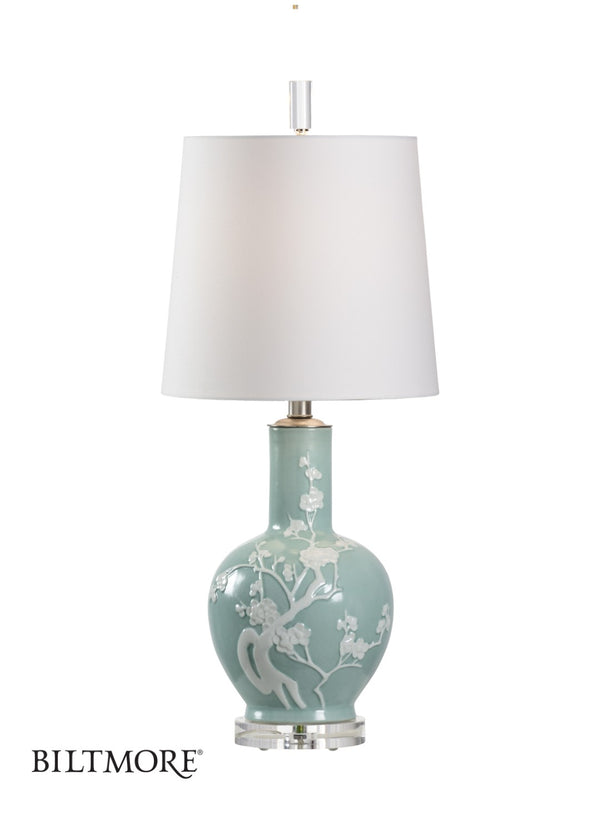 Wildwood Yoshino Hand-Painted Porcelain Lamp In Seafoam Celadon Glaze — Cherry Blossom Motif, 28" Height 23366