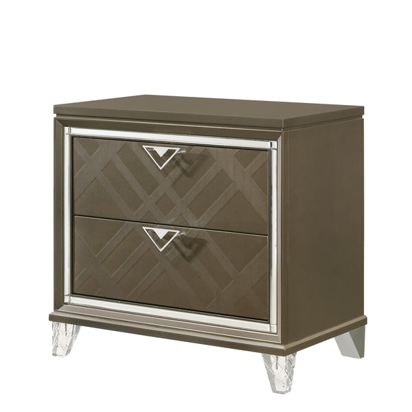 English Elm Modern Glam Nightstand with Mirror Inlay and Patterned Drawers, Luxurious Accent Table 26x17x27 Champagne 20.5 L x 33 W x 29 H B2741P324364