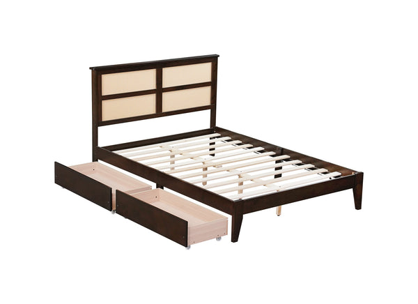 English Elm Full Full Size Bed with Rattan Headboard and Two Underbed Storage Drawers, Rubberwood Slat Support Espresso W504P269605