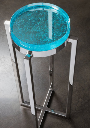 Lexington Artistica Home Photic Spot Table - Stunning Light Sky Blue Bubble Art Glass Top With Modern Stainless Steel Base Stainless Steel Wood 2338-950