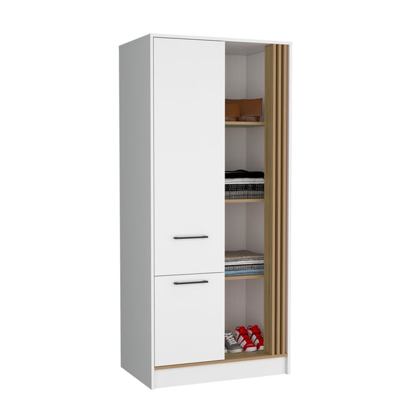 English Elm Armoire with Built-In Mirror and Ample Storage — 4 Doors, 2 Drawers, 4 Shelves, Eco-Friendly Finish White 75.59 L x 25.59 W x 3.94 H B097S00208