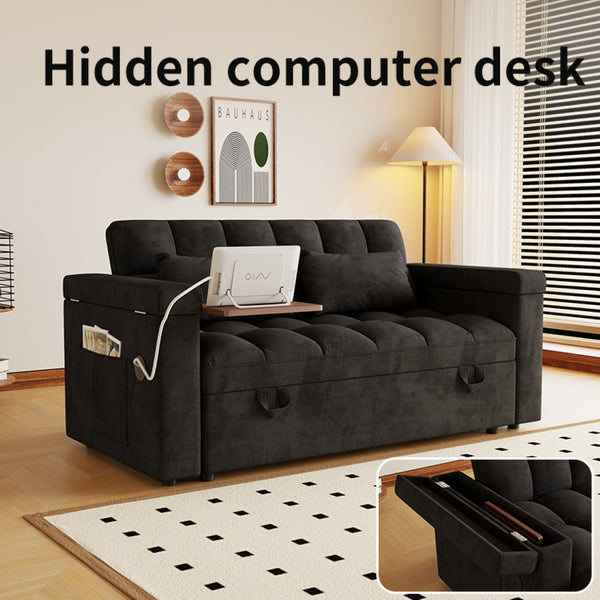 English Elm 65-inch Velvet Convertible Sleeper Sofa with Usb Port Storage Armrests Adjustable Back Black W2564S00114