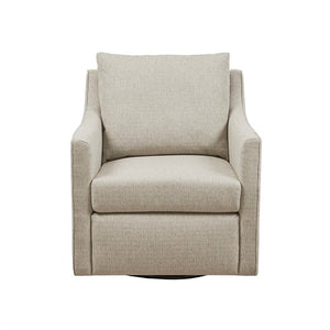English Elm Swivel Armchair by Martha Stewart Bedford Collection in Natural Polyester — Piped Arms, 360° Comfort, Durable Fabric, Removable Cushions, No Assembly Needed B035P148423