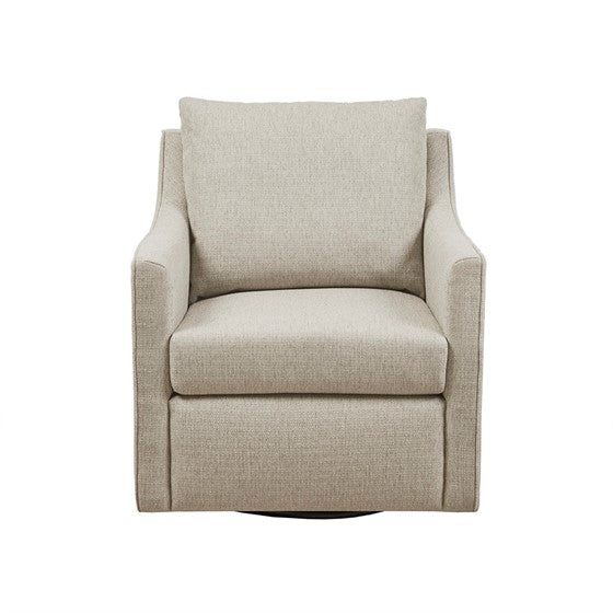 English Elm Swivel Armchair by Martha Stewart Bedford Collection in Natural Polyester — Piped Arms, 360° Comfort, Durable Fabric, Removable Cushions, No Assembly Needed B035P148423