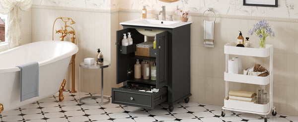 English Elm 24'' French Style Bathroom Vanity with Ceramic Sink Soft Close Cabinet and Drawer Black N710P411227B