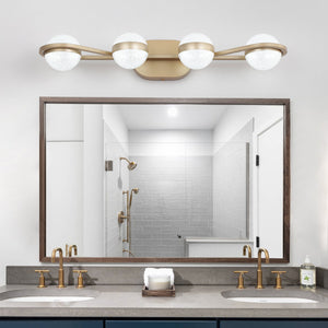 English Elm 28" Golden Minimalist LED Bathroom Vanity Light with Crystal Sand Shades, 4-Light Champagne Gold Modern Fixture for Mirror W2312P374867