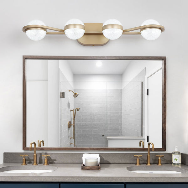 English Elm 28" Golden Minimalist LED Bathroom Vanity Light with Crystal Sand Shades, 4-Light Champagne Gold Modern Fixture for Mirror W2312P374867