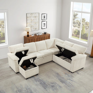 English Elm 97 Inch L-shaped Chenille Sectional Sofa with Sleeper Storage Ottoman 7 Seats Beige W1669S00017