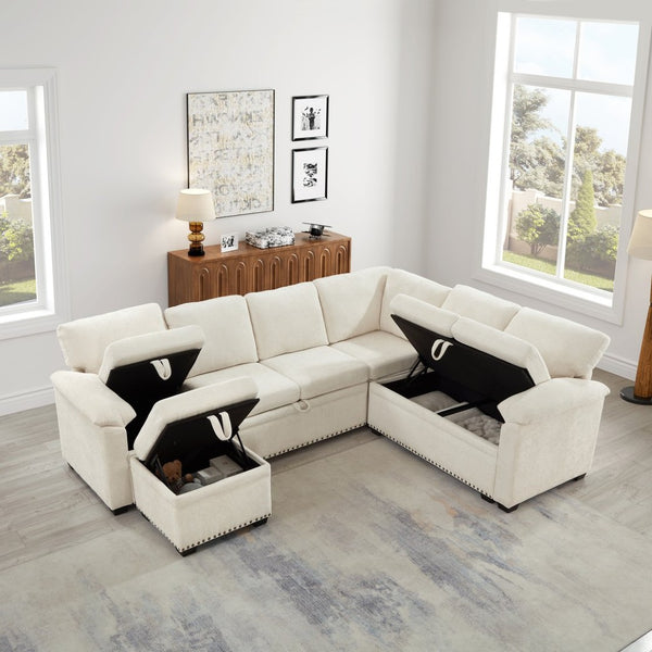 English Elm 97 Inch L-shaped Chenille Sectional Sofa with Sleeper Storage Ottoman 7 Seats Beige W1669S00017