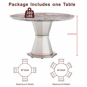 English Elm 47" Round Marble Dining Table - Modern High-Gloss Faux Marble Top & Stainless Steel Base For Elegance W3456S00031