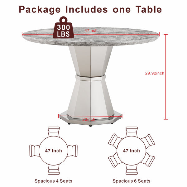 English Elm 47" Round Marble Dining Table - Modern High-Gloss Faux Marble Top & Stainless Steel Base For Elegance W3456S00031