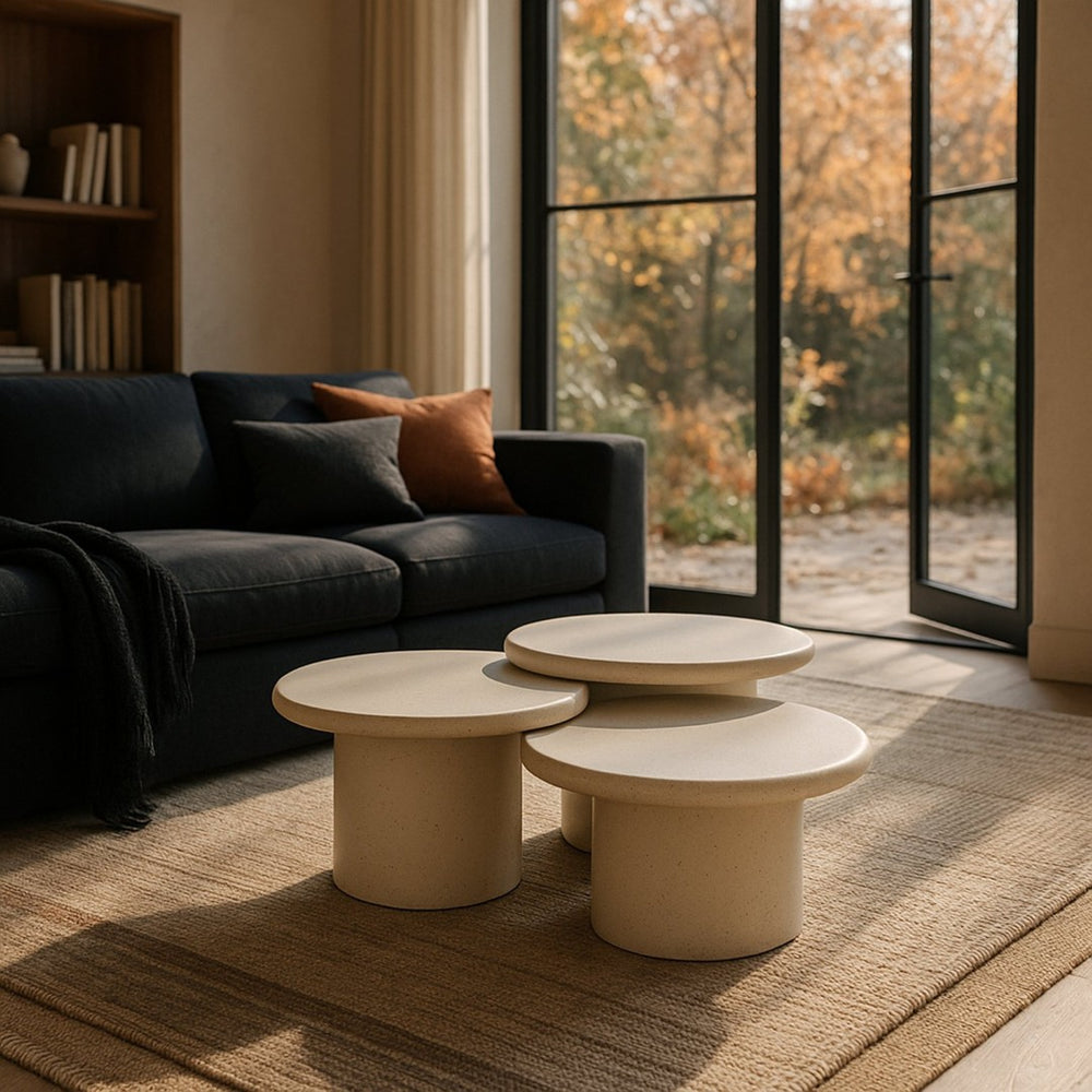 Meridian Furniture Emara Three Piece Concrete Fiberglass Coffee Table Set for Indoor Outdoor Lounge 233Cream-CT-3PC