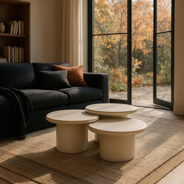 Meridian Furniture Emara Three Piece Concrete Fiberglass Coffee Table Set for Indoor Outdoor Lounge 233Cream-CT-3PC