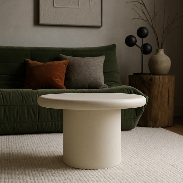 Meridian Furniture Emara Sculptural Concrete Fiberglass Round Coffee Table for Indoor Outdoor Living 233Cream-CT16
