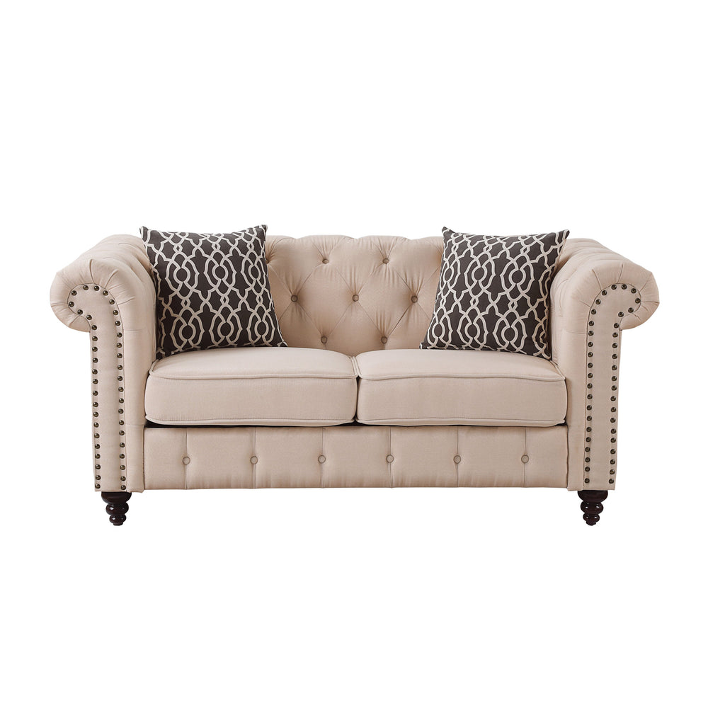 English Elm Aurelia Beige Linen Loveseat with 2 Patterned Pillows, Chesterfield Tufted Arms, Nailhead Trim, KD Legs B2726P288350