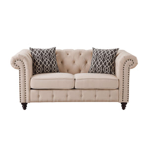 English Elm Aurelia Beige Linen Loveseat with 2 Patterned Pillows, Chesterfield Tufted Arms, Nailhead Trim, KD Legs B2726P288350