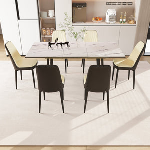 English Elm 47"-63" Extendable Dining Set Six Pu Leather Chairs Mdf Top Black Metal Legs Modern Beige+White W2189S00920