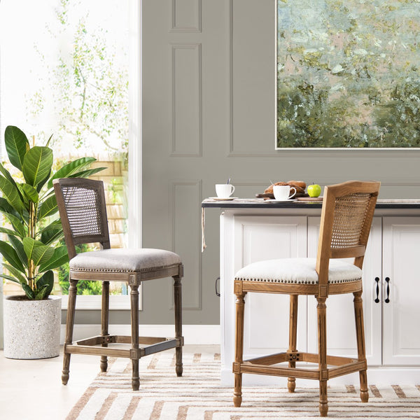 English Elm Jennifer Taylor Home - Triomphe Rattan Wicker High Back Armless Counter Stool — French Country Oak Frame, Upholstered Comfort White B2719P238385